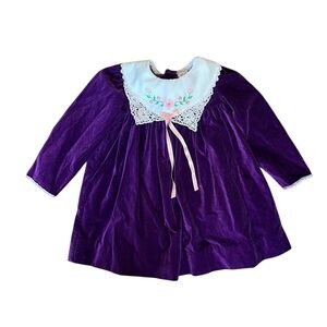 Vintage Purple Velvet Toddler Dress with Lace Collar & Dainty Bow <3 4T